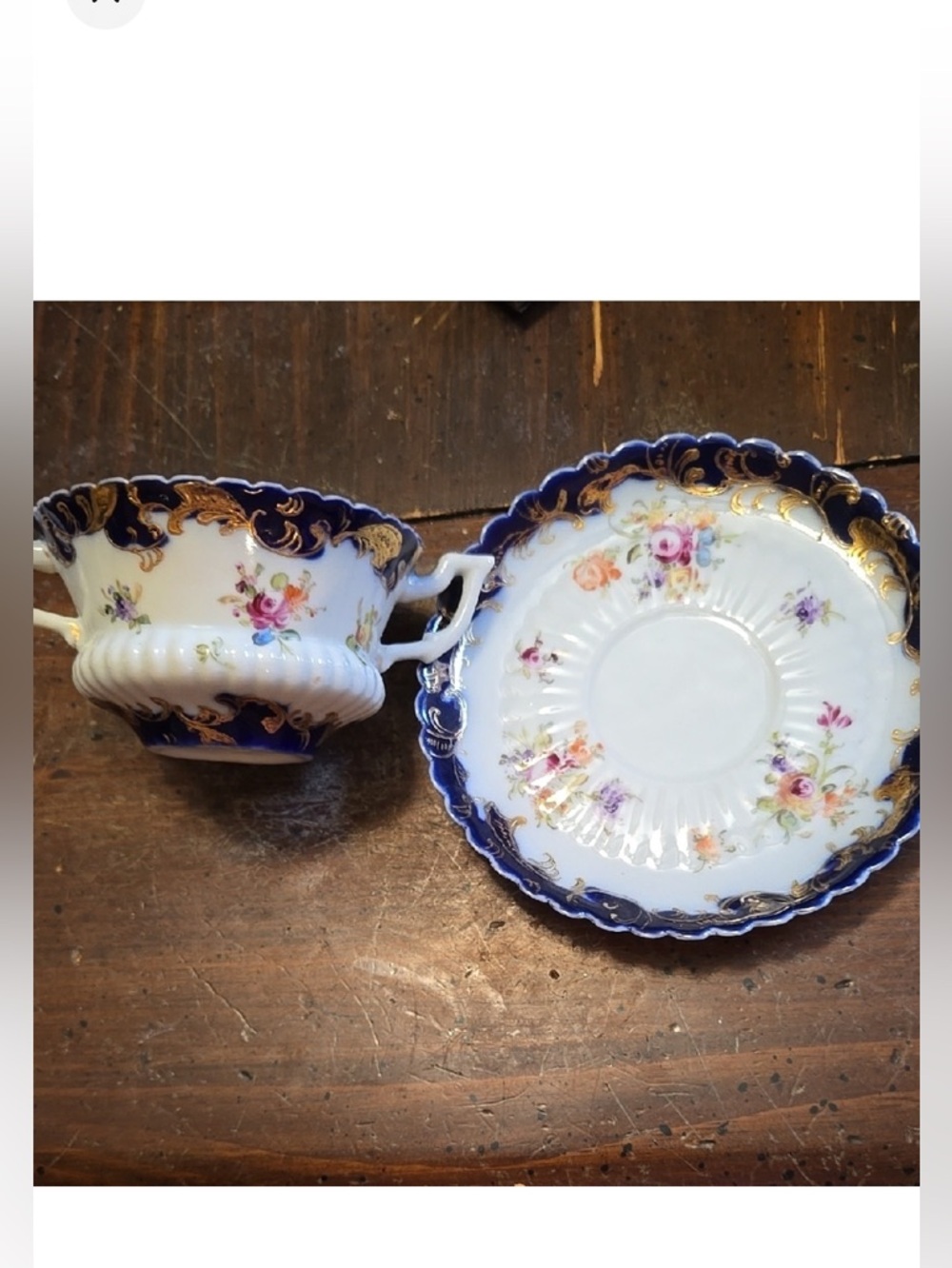 Vintage Porcelain Floral Two-Handled Teacup in Cobalt Blue and Gold Tea Cup Set